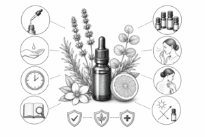 Infographic highlighting essential oil benefits: central bottle with herbs; left shows usage steps (dropper, palm drop, time, reading); right shows outcomes (bottles, aroma, skin relief, sun exposure) with safety shields.