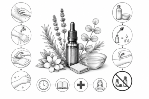 Central dropper bottle of essential oil with surrounding herbs (rosemary, lavender) and a towel, depicting a holistic skincare routine; side icons show steps like cleansing, applying, and soothing the skin, plus a no-pill symbol at the end of the flow.