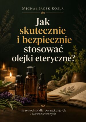 Book cover for a guide about how to safely and effectively use essential oils, with amber bottles, open herbal book and plants.