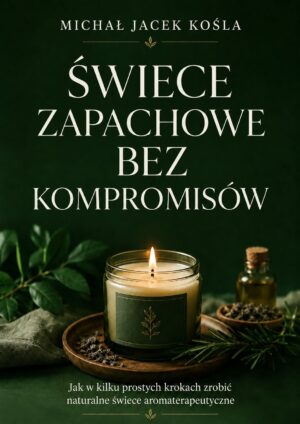 Okładka książki „ŚWIECZĘ ZAPACHOWE BEZ KOMPROMISÓW” Michała Kośla, z zapaloną świecą w zielonym słoiku, gałązką rozmarynu i olejem w tle.