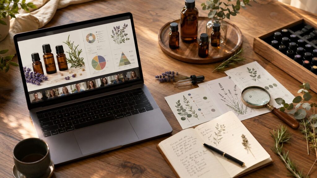 Laptop shows a video conference with botanical charts on a wooden desk, surrounded by essential oil bottles and herbs. Consistent with a herbal product session.