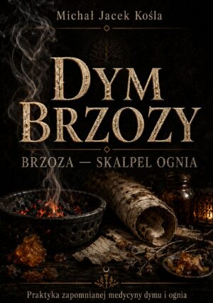 Book cover for 'Dym Brzozy' by Michal Jacek Kośla with gold embossed title, smoke and birch logs against a dark background.