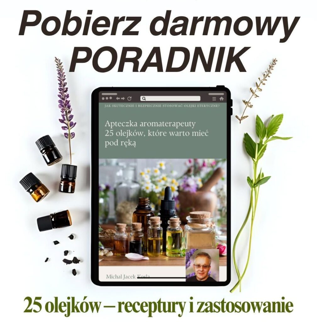 Tablet displaying a free guide cover about essential oils with herbs and bottles around it; Polish title 'Pobierz darmowy poradnik' and subtitle '25 olejków – receptury i zastosowanie'