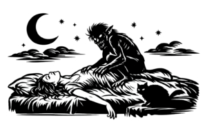 A pale woman lies asleep on a bed as a terrifying, horned demon crouches over her in a dark, shadowy room, with a black cat nearby watching.