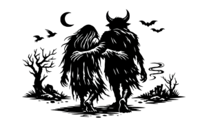 Two shaggy, black werewolves embrace in a dark, moonlit landscape with a crescent moon and bats overhead.