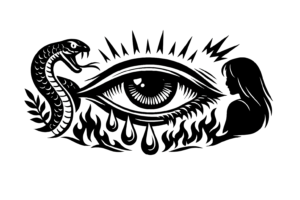 Stylized white eye with teardrops and a curling cobra against a black backdrop with a yellow gradient frame.
