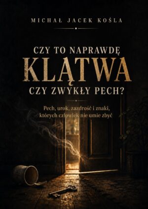 Book cover for 'Czy to naprawdę klątwa czy zwykły pech?' with an open doorway emitting warm light, a key and spilled mug on a wooden floor.