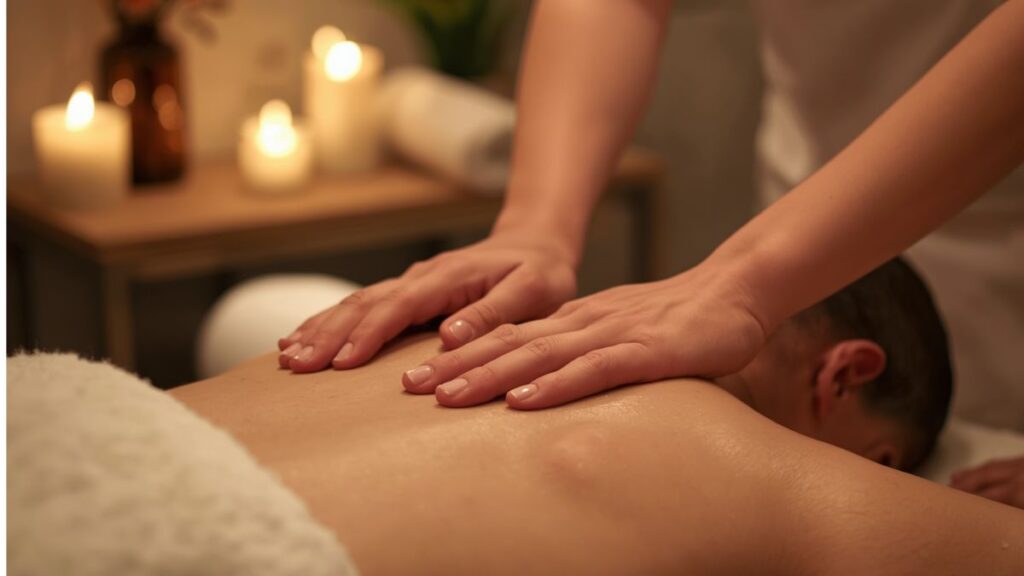 Massage therapist pressing a client's bare back in a dim spa with candlelight in the background.