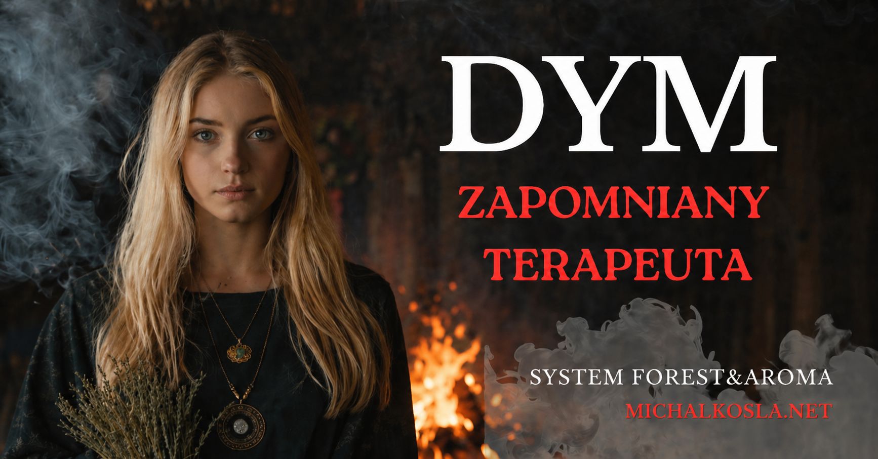 Portrait of a young blonde woman on the left beside a dark poster with white 'DYM' and red 'Zapomniany Terapeuta' text, flames behind.