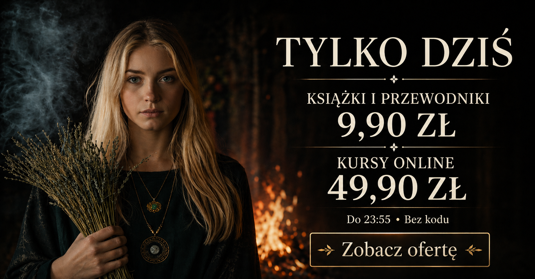 Portrait of a young woman holding dried bouquet on the left, with a dark promotional banner in Polish announcing books and online courses and prices to the right.