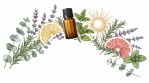 Illustrated arrangement of an amber essential oil bottle surrounded by lemon and grapefruit slices with lavender, mint, rosemary, and eucalyptus branches.