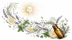 Botanical illustration featuring lavender, mint, and lemon slices orbiting a golden essential oil bottle under a radiating sun.