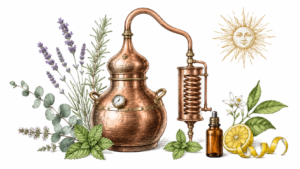 Copper distillation still with lavender, rosemary, mint and lemon—an essential oil extraction scene