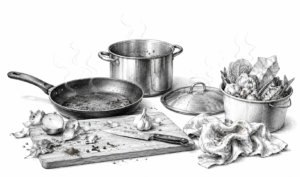 Illustration of a kitchen prep scene: frying pan, large stock pot with lid, cutting board with garlic and onions, knife, and a bucket of vegetables nearby.