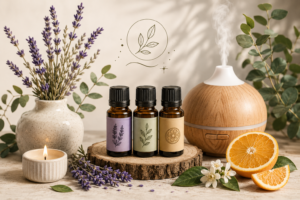 Three essential oil bottles sit on a rustic wooden slab beside lavender, a diffuser, and citrus slices in a calm spa setup.