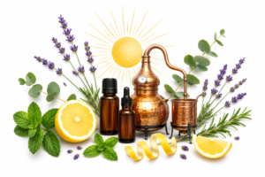 Copper distillation still surrounded by lavender, lemon slices, mint, and rosemary for essential oils (aromatherapy scene).