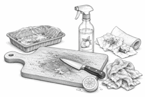 Cutting board with a knife and scattered meat juices, surrounded by a tray of meat scraps, a halved lemon, a spray bottle, and crumpled towels or paper towels on the counter.