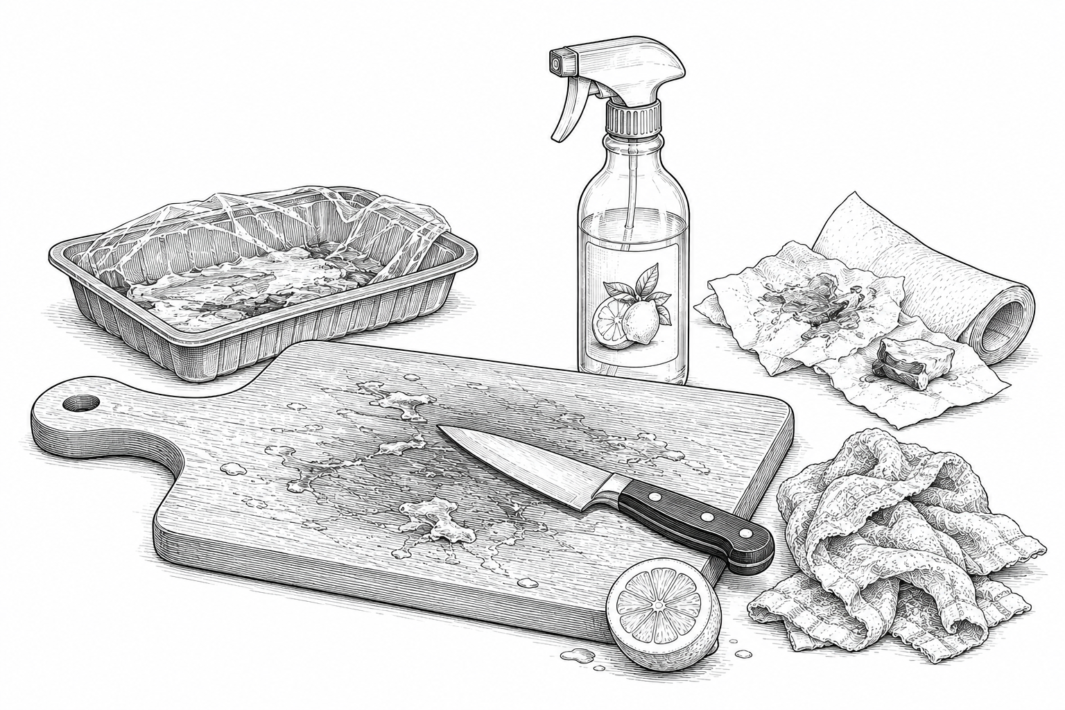 Cutting board with a knife and scattered meat juices, surrounded by a tray of meat scraps, a halved lemon, a spray bottle, and crumpled towels or paper towels on the counter.