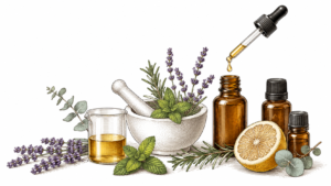 Herbal essential oil arrangement with lavender, rosemary, mint, and a lemon beside amber dropper bottles and a mortar with pestle.