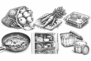 Assorted groceries: bag of apples, carrots on a board, meat tray, fish in a pan, open fridge with cheese, jars, and two containers of leftovers.