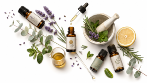 Assorted essential oil bottles arranged with lavender, rosemary, and mint on a white background.