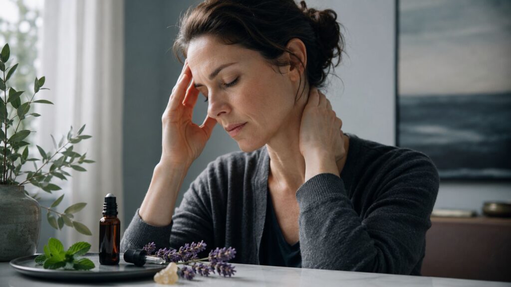 Woman with a headache resting her temples at a table with a brown essential oil bottle and lavender sprigs nearby.