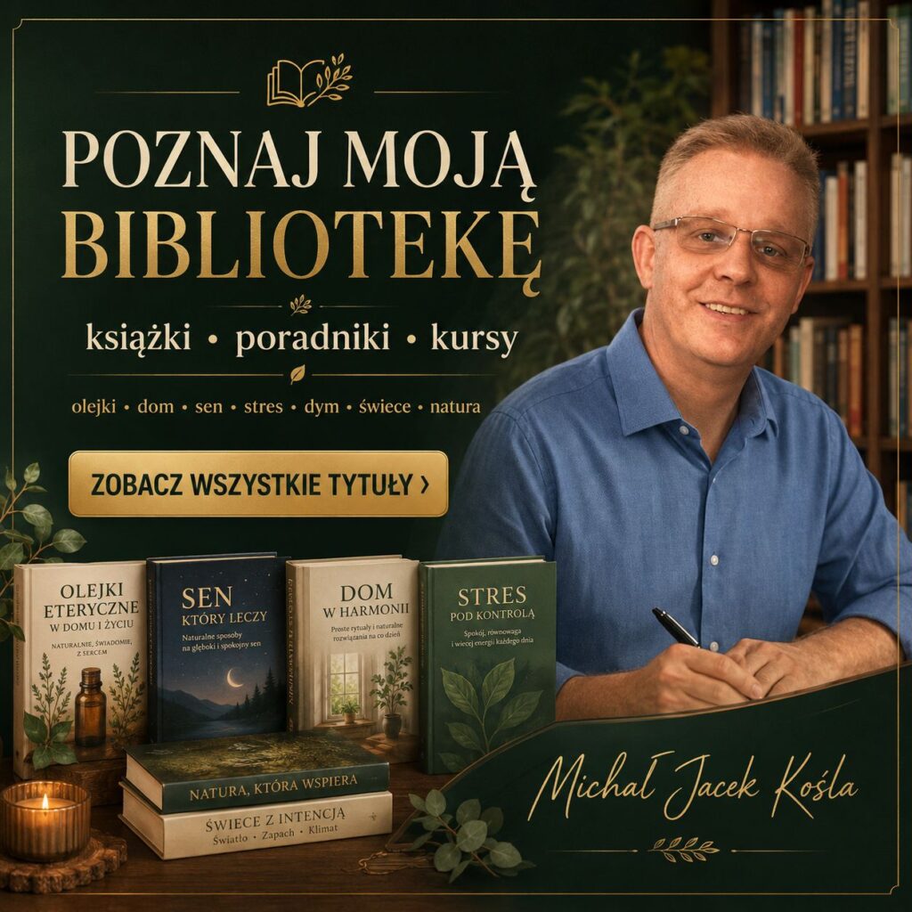 Portrait of a man in a blue shirt signing a book at a desk, with a dark green promotional banner reading “POZNaj MOJĄ BIBLIOTEKĘ” and a row of books beside him.