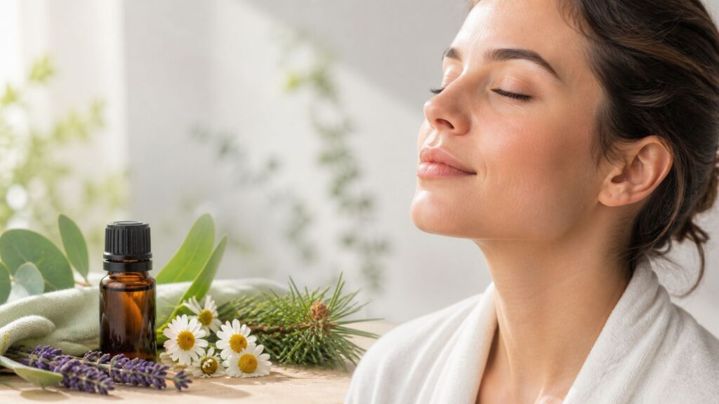 Relaxed woman with eyes closed beside an essential oil bottle and fresh herbs on a wooden table, suggesting aromatherapy.