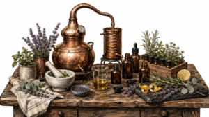 Copper distiller and essential-oil setup on a rustic wooden table, surrounded by herbs like lavender and rosemary, bottles, and lemon slices.