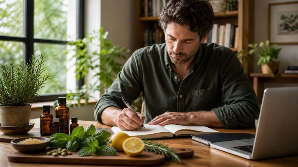 Man in a green shirt writes in a notebook at a wooden desk, surrounded by herbs, lemons, and amber bottles with a laptop nearby.