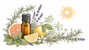 Amber essential oil bottle surrounded by lemons, grapefruit, rosemary, lavender and mint in a vintage botanical illustration with a sun in the corner.