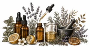 Assorted essential oil bottles with dropper, surrounded by herbs and citrus slices.