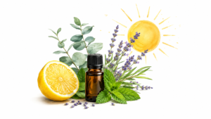 Amber essential oil bottle surrounded by lemon half, lavender sprigs, mint, and eucalyptus leaves with a sun illustration in the background.