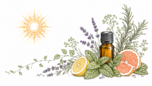 Illustration of an amber essential oil bottle with lemon, grapefruit, mint, and lavender, surrounded by herbs under a sun illustration.