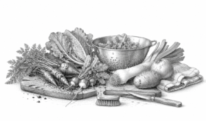 Etched still life of carrots, onions, potatoes, and leafy greens on a wooden cutting board with a colander and brush.