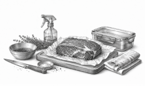 Raw steak on a cutting board with parchment, rosemary sprigs, and a kitchen knife nearby, plus a spray bottle, bowls, towels, and a storage box in the background.