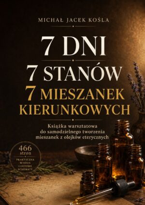 Polish book cover advertising a workshop guide for making essential oil blends, with amber bottles and lavender on a warm background.