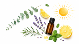 Essential oil bottle with lemon slices, lavender, rosemary, mint, and eucalyptus on a white background with a sun illustration nearby.