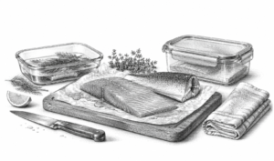 Sketch of two fish fillets on a cutting board with herbs, a lemon wedge, a knife, towels, and storage containers in the background.”