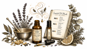 Illustration of an essential oil setup: lavender, herbs, a mortar and pestle, two amber bottles, dropper, an open book listing blends, and a lemon slice.