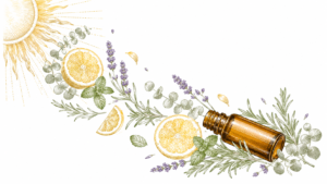 Decorative botanical illustration with lemon slices, herbs, and an essential oil bottle along a sunlit border on white background.