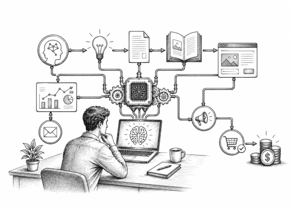 Person seated at a desk, observing a schematic machine brain with pipes connecting to icons: lightbulb, document, book, computer monitor, charts, mail, shopping cart, and coins.
