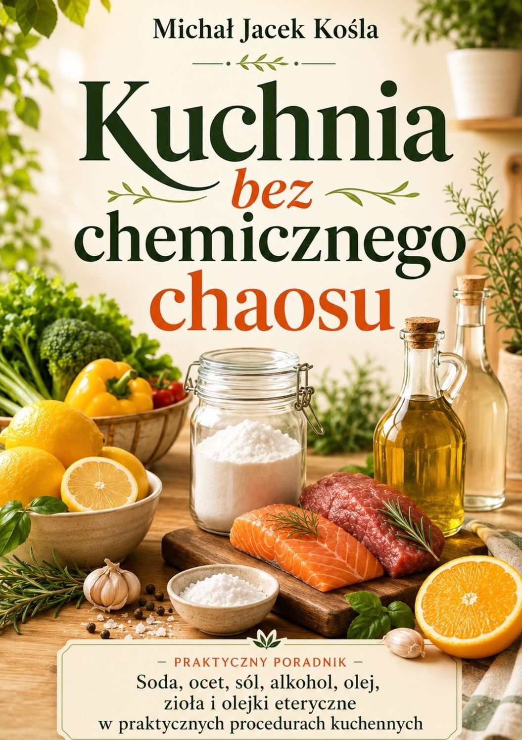 Book cover for 'Kuchnia bez chemicznego chaosu' with lemons, salmon, beef, herbs, jars, and olive oil on a wooden table.