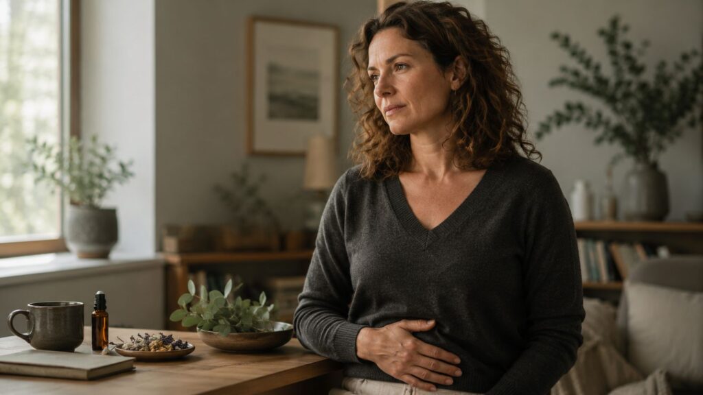 Woman sits at a wooden table by a window, hands resting in lap, soft natural light in a cozy room with plants and books behind her.