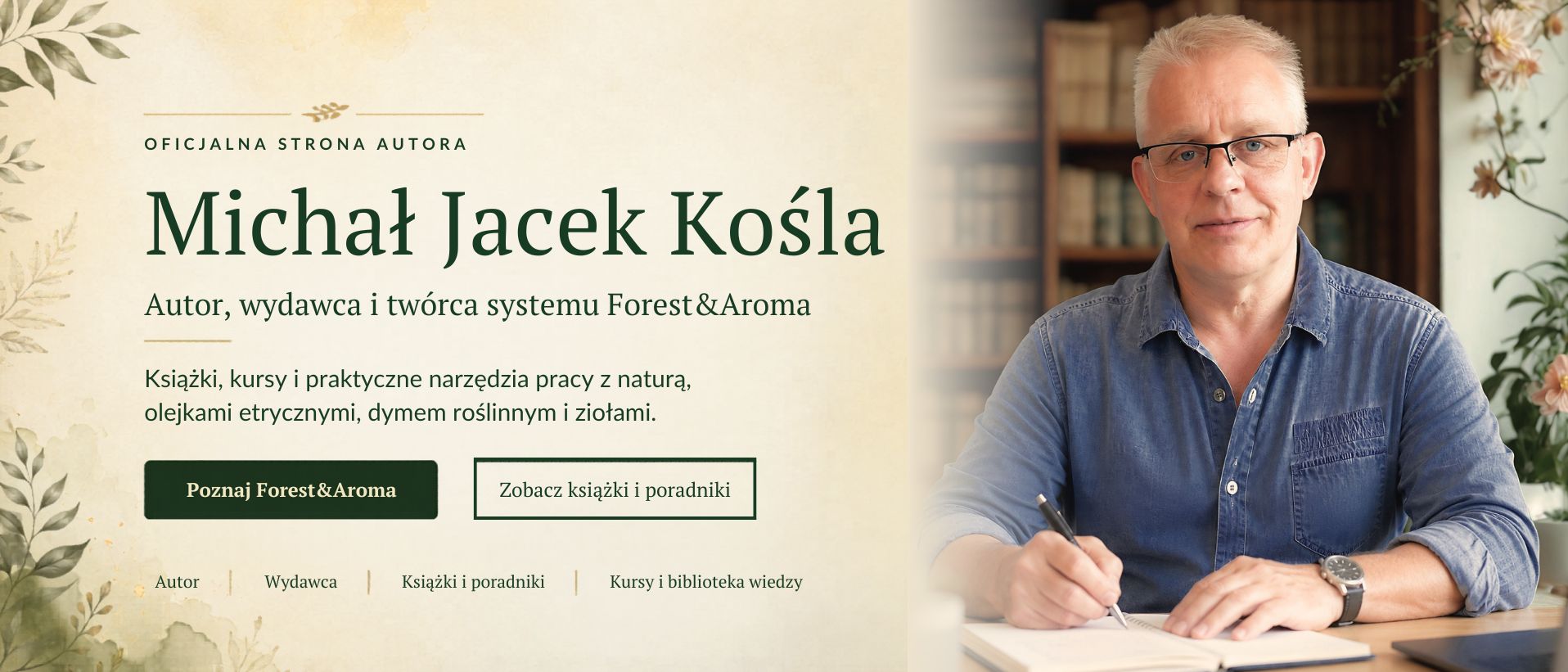 Banner introducing author Michał Jacek Kośla with decorative left panel and a man in a denim shirt writing at a desk on the right.