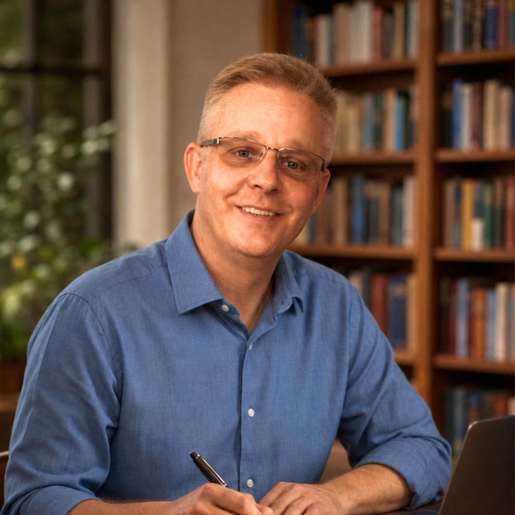 Smiling man in a blue shirt sits at a desk with a laptop in a library.