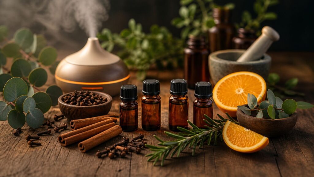 Set of amber essential oil bottles with black caps on a wooden table, surrounded by cinnamon sticks, orange slices, rosemary, eucalyptus, and a diffuser in warm light.