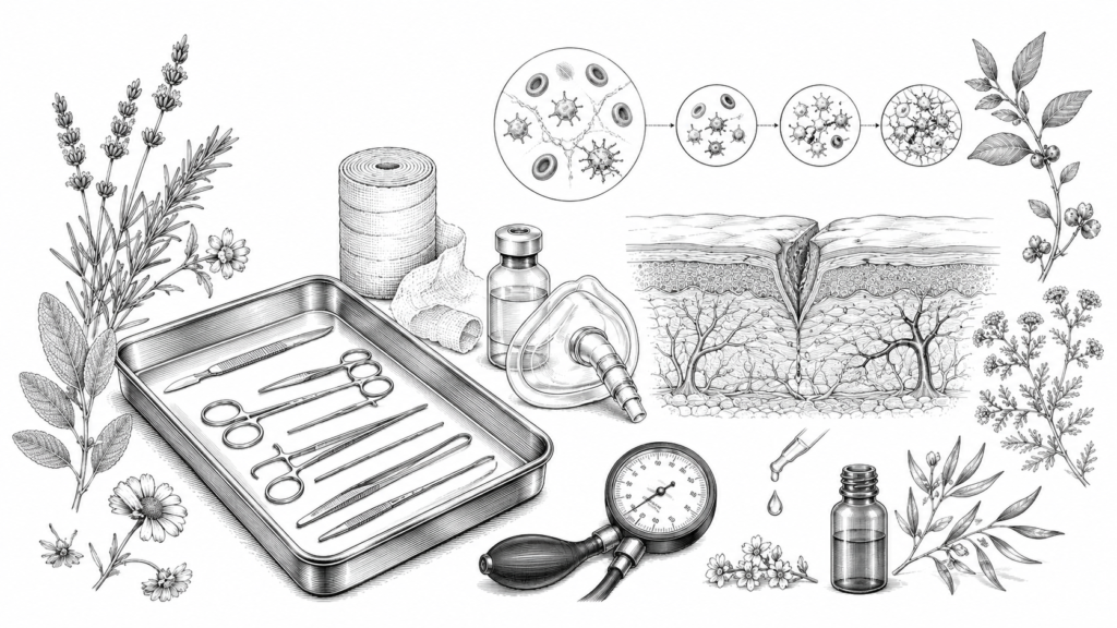 Medical instruments on a tray beside herbs, a mask and vial, with a wound-healing diagram in the background.
