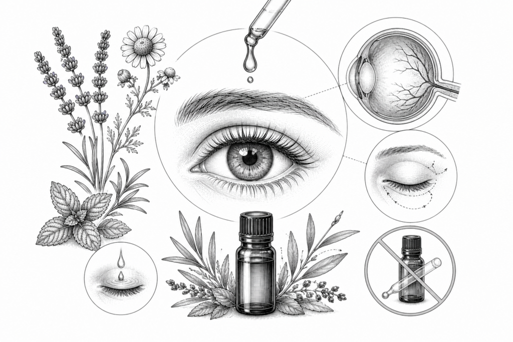 Detailed drawing of a human eye with a dropper, surrounded by herbs and eye anatomy diagrams.
