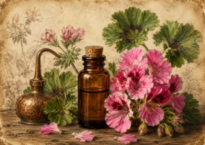 Vintage still life with brown glass bottles and pink geraniums on a weathered wooden surface.